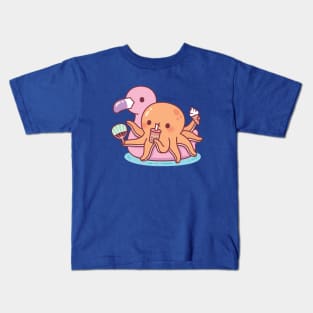 Cute Octopus Chilling on Pink Flamingo Float Kids T-Shirt